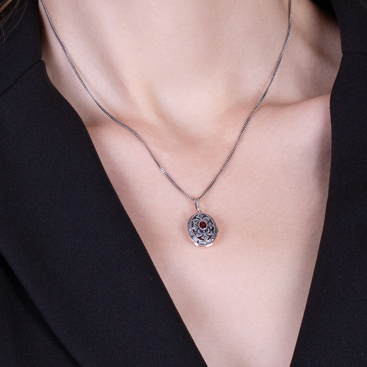 Art Nouveau Style Oval Garnet & Marcasite Locket Necklace in Sterling Silver