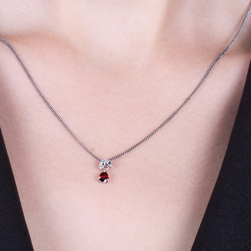 Art Nouveau Style Pear Garnet & Marcasite Pendant in 925 Sterling Silver