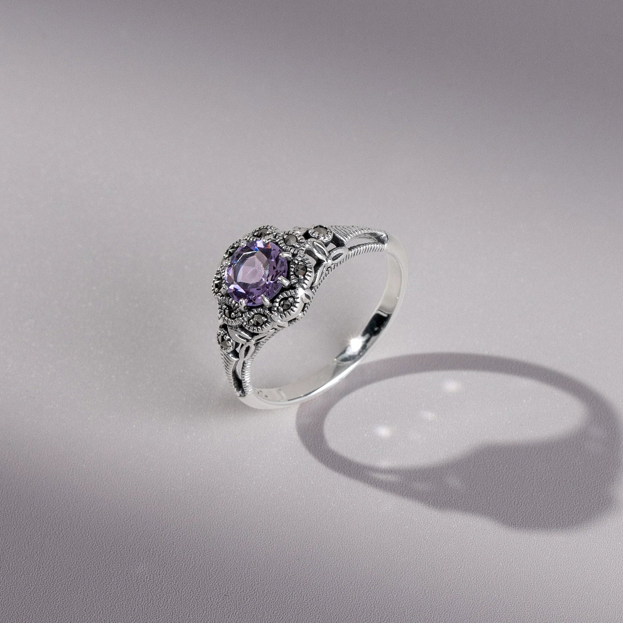 Art Nouveau Style Round Amethyst & Marcasite Floral Ring in Sterling Silver