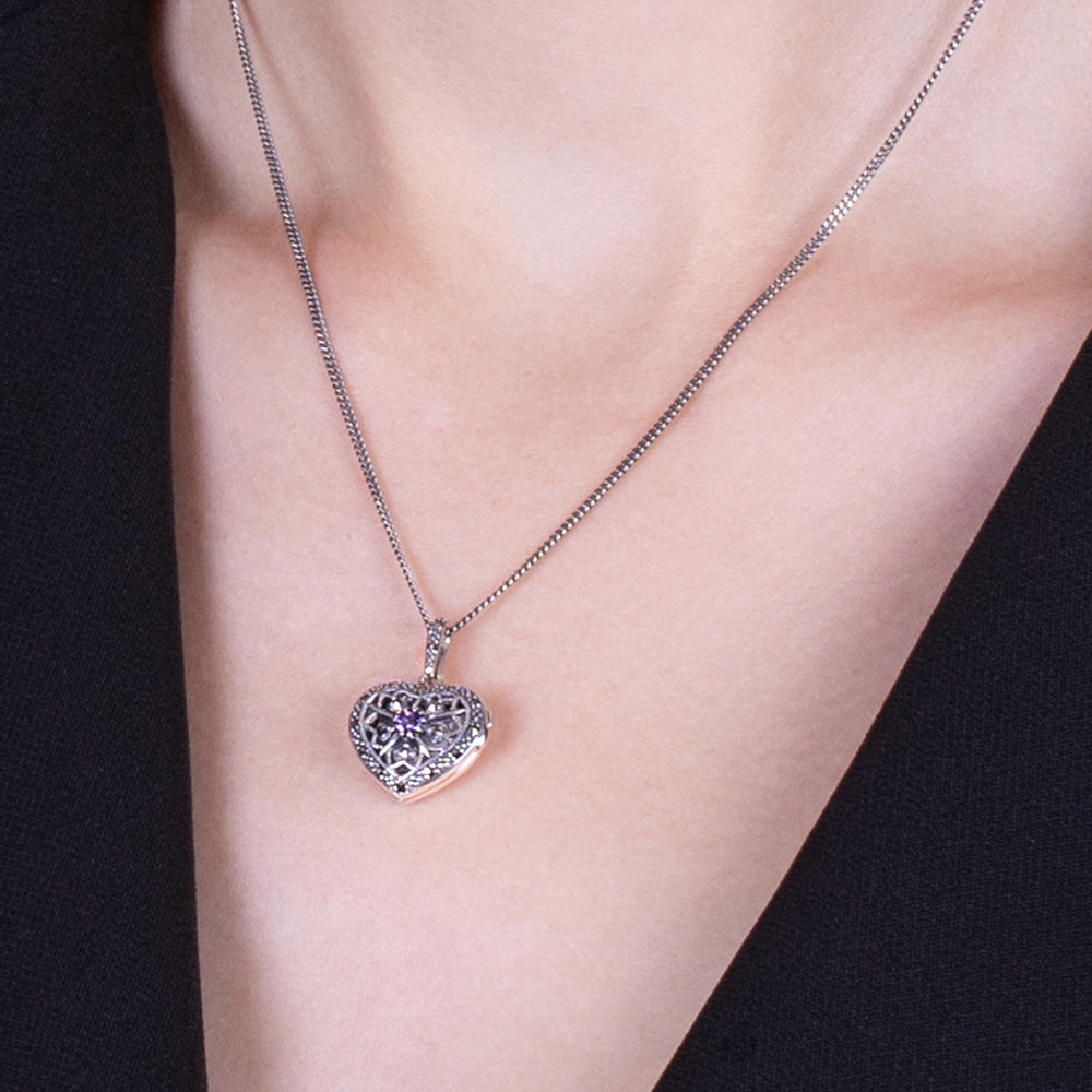 Art Nouveau Style Round Amethyst & Marcasite Heart Necklace in 925 Sterling Silver