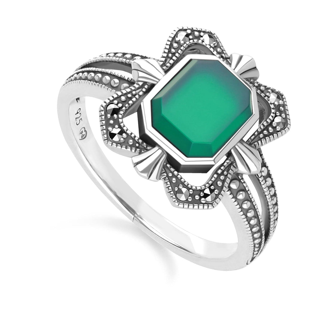 Art Deco Style Baguette Chalcedony and Marcasite Ring in Sterling Silver 214R642301925 Side