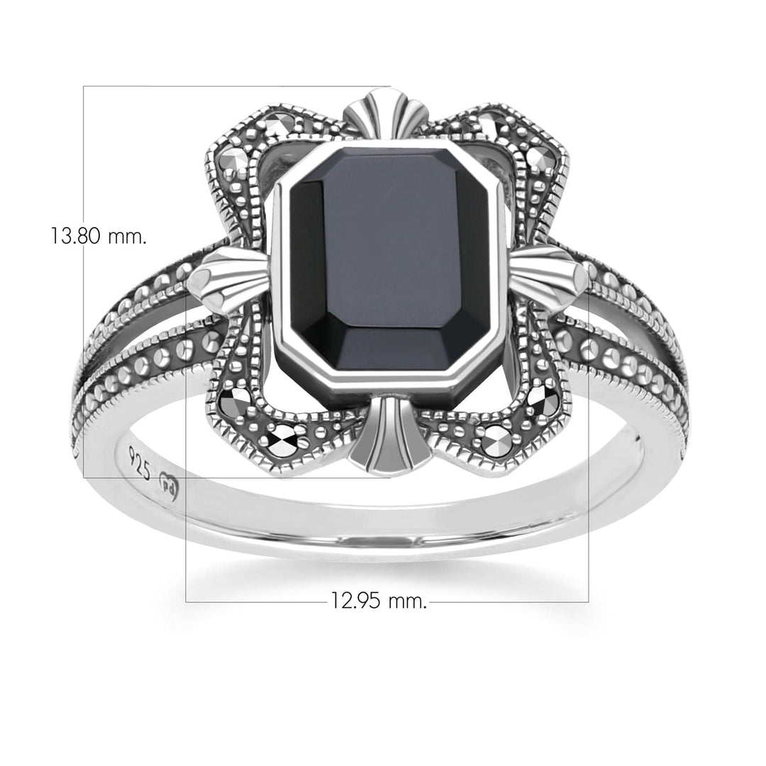 Art Deco Style Baguette Onyx and Marcasite Ring in Sterling Silver 214R642302925 Dimensions