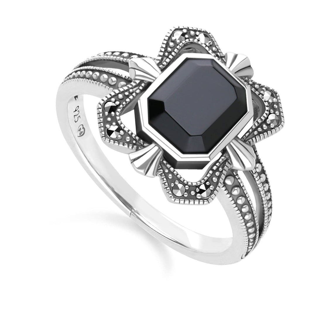 Art Deco Style Baguette Onyx and Marcasite Ring in Sterling Silver 214R642302925 Side