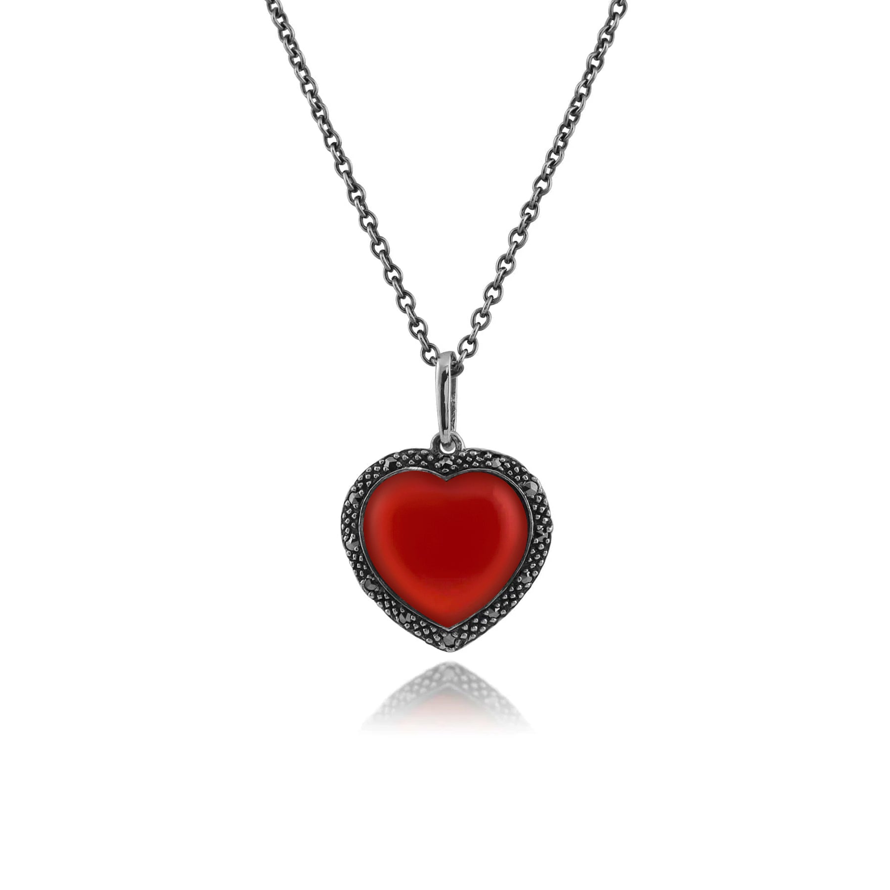 Art Deco Style Heart Carnelian & Marcasite Halo Love Heart Pendant in 925 Sterling Silver 214n673601925