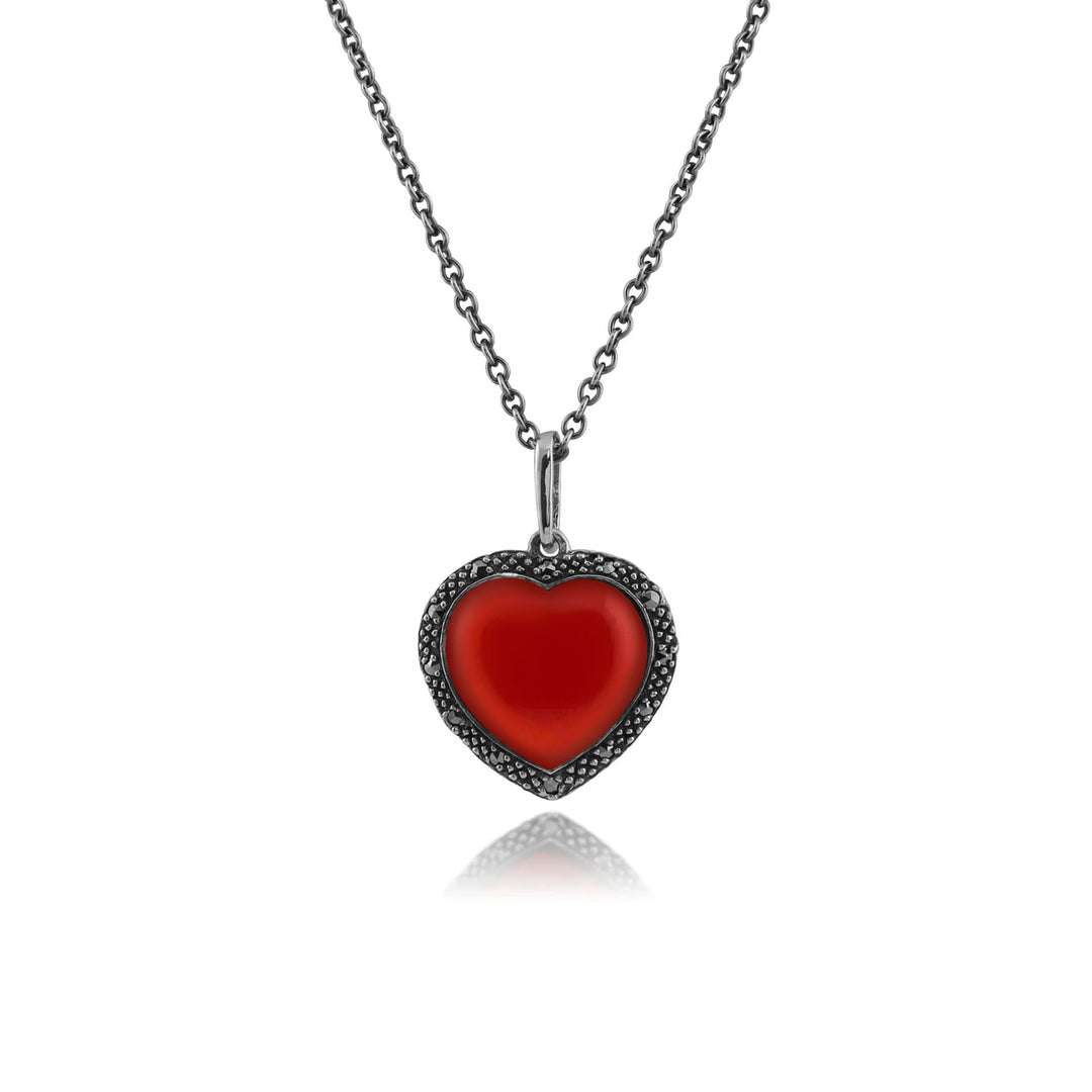 Art Deco Style Heart Carnelian & Marcasite Halo Love Heart Pendant in 925 Sterling Silver 214n673601925