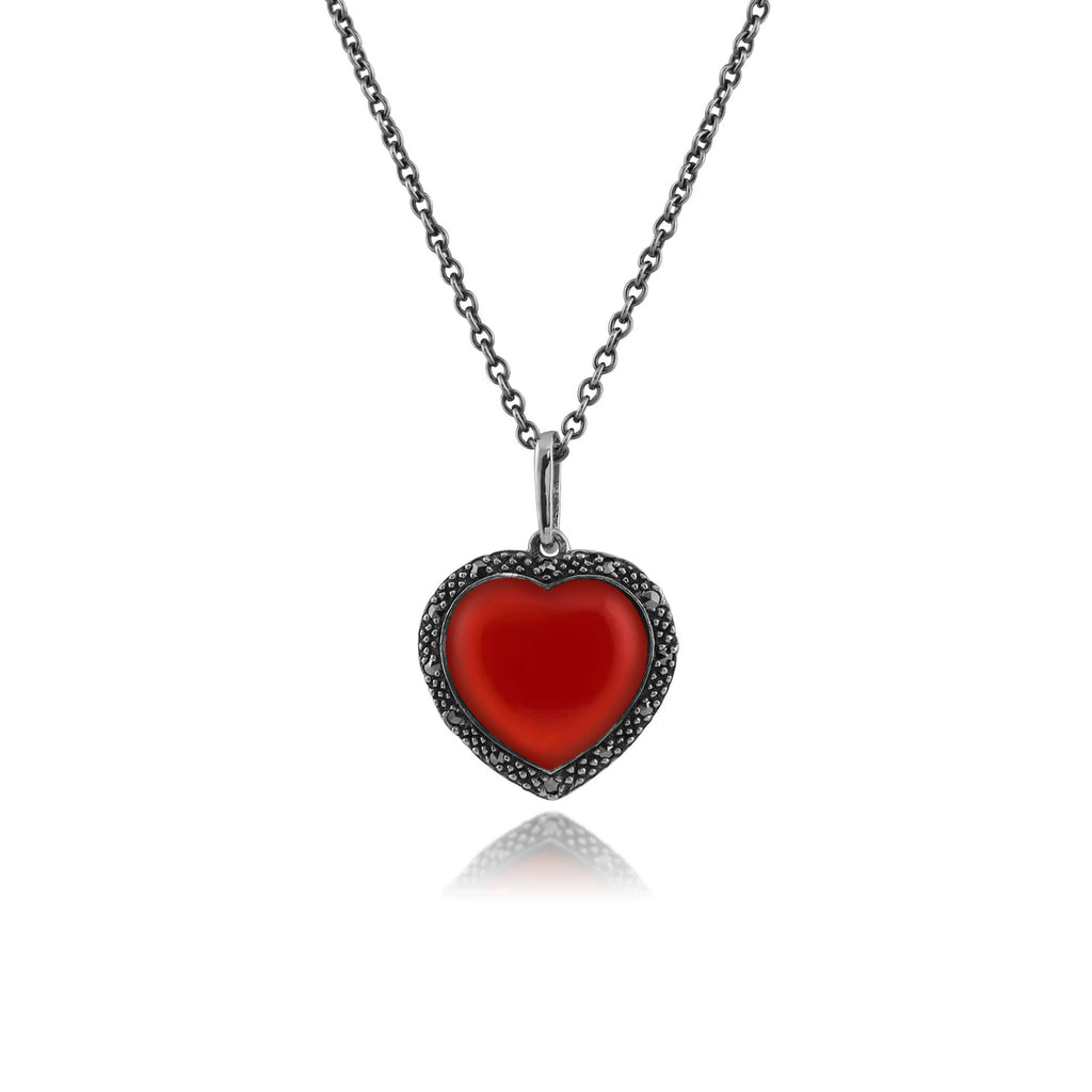 Heart Carnelian Marcasite Halo Necklace Pendant Art Deco Style
