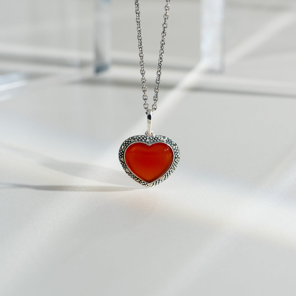 Art Deco Style Heart Carnelian & Marcasite Halo Love Heart Pendant in 925 Sterling Silver 214n673601925 Flatlay