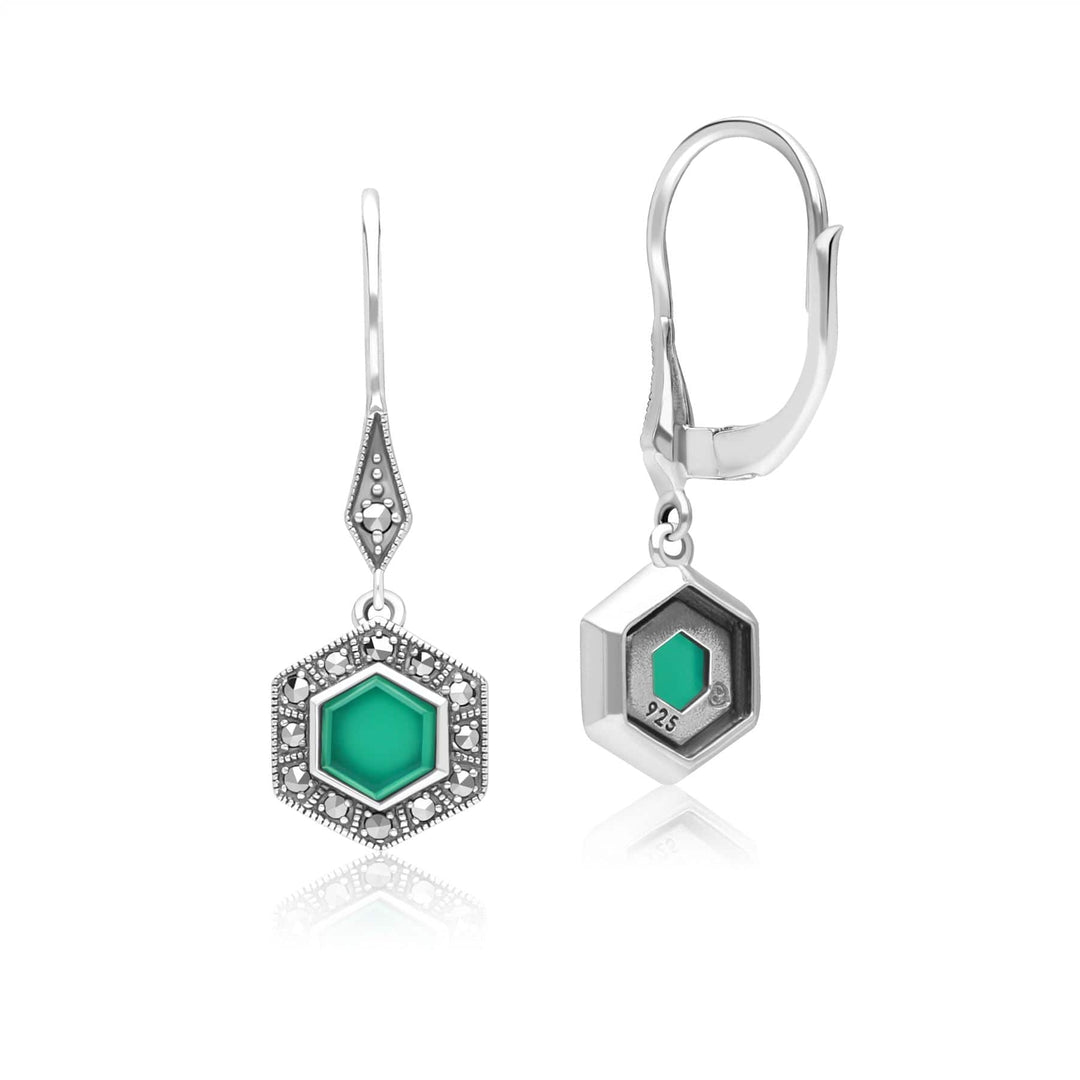 Art Deco Style Hexagon Chalcedony and Marcasite Drop Earrings in Sterling Silver 214E936001925 Side
