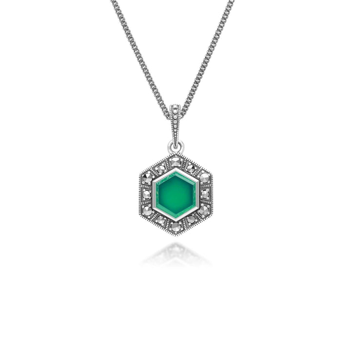 Art Deco Style Hexagon Chalcedony and Marcasite Pendant Necklace in Sterling Silver 214P333901925 
