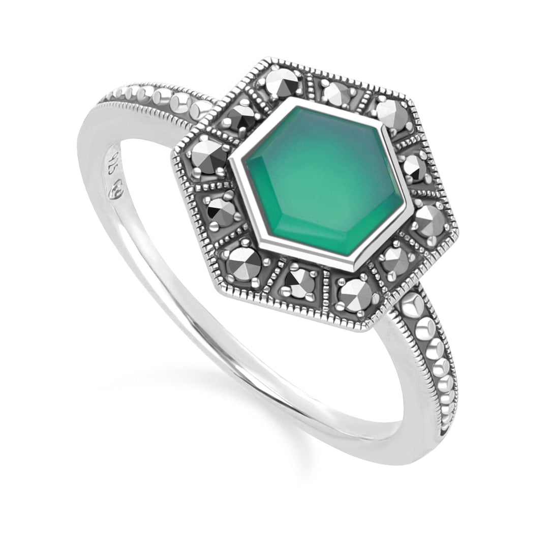 Art Deco Style Hexagon Chalcedony and Marcasite Ring in Sterling Silver 214R641801925 Side