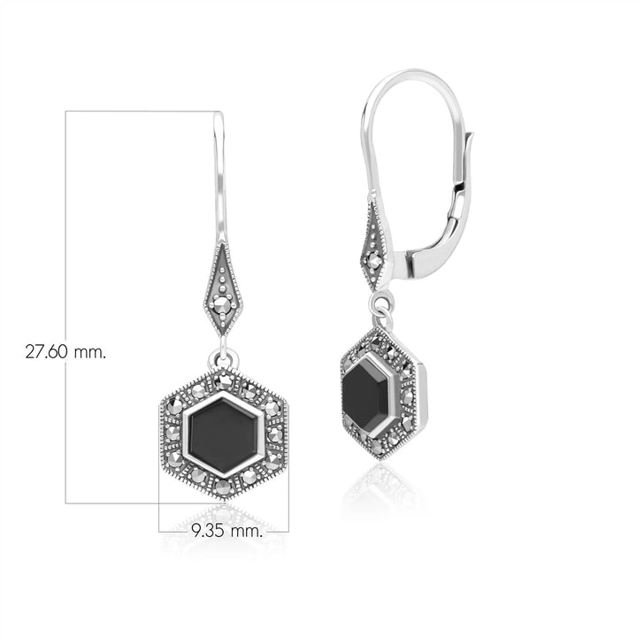 Art Deco Style Hexagon Onyx and Marcasite Drop Earrings in Sterling Silver 214E936002925 Dimensions