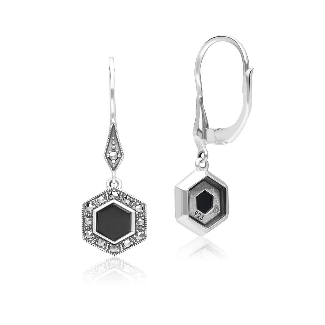 Art Deco Style Hexagon Onyx and Marcasite Drop Earrings in Sterling Silver 214E936002925 Side
