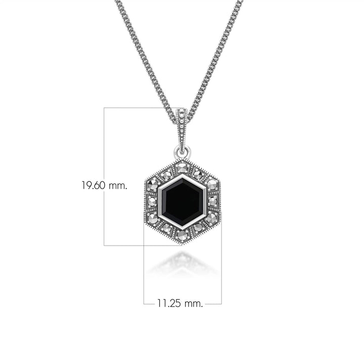 Art Deco Style Hexagon Onyx and Marcasite Pendant Necklace in Sterling Silver 214P333902925 Dimensions