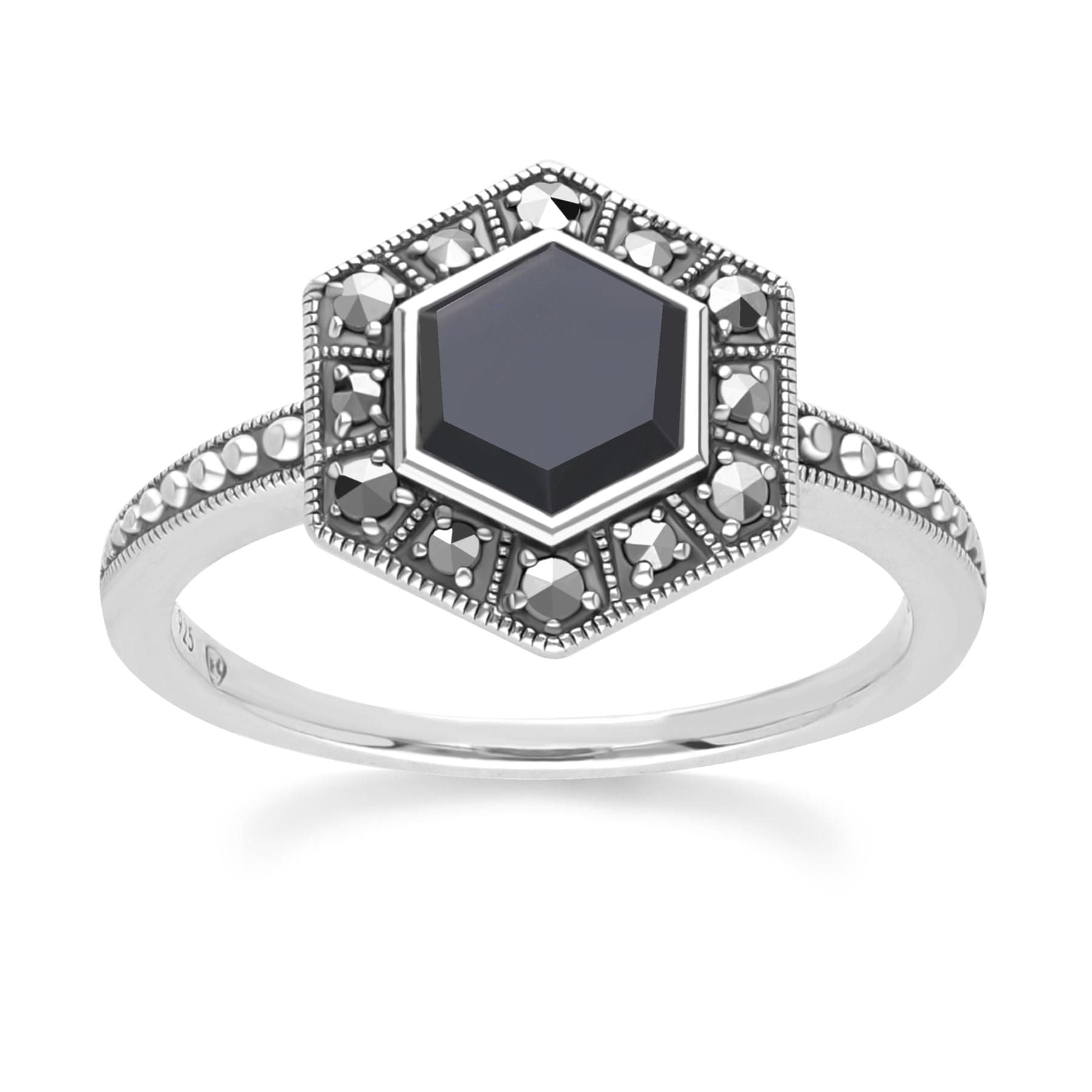 Art Deco Style Hexagon Onyx and Marcasite Ring in Sterling Silver 214R641802925 