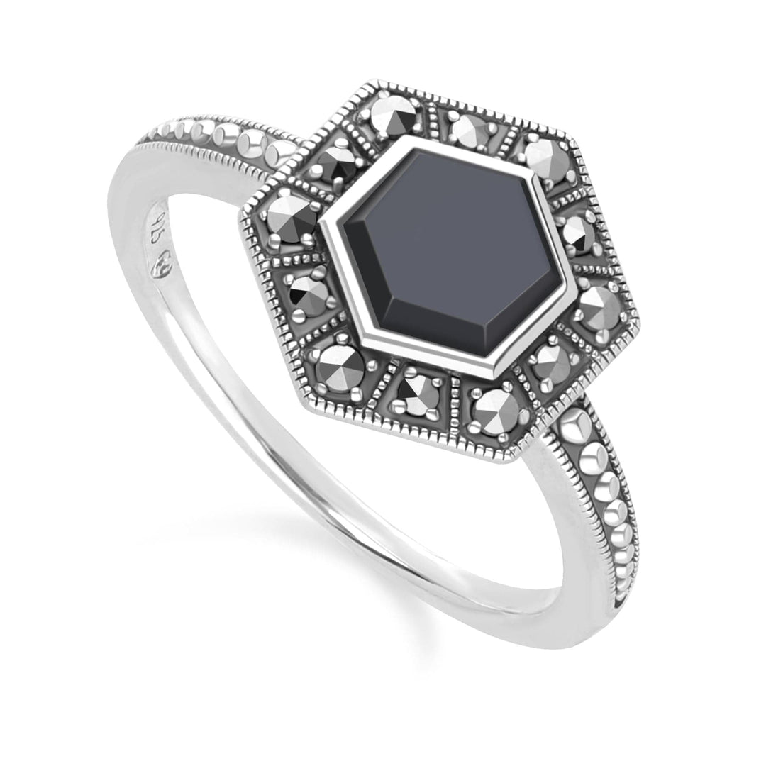 Art Deco Style Hexagon Onyx and Marcasite Ring in Sterling Silver 214R641802925 Side