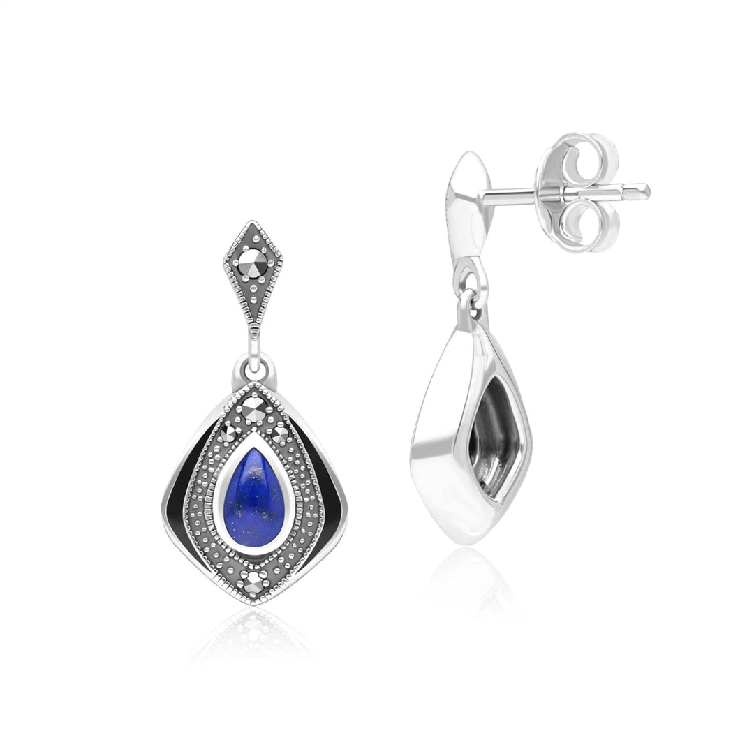 Art Deco Style Kite Lapis Lazuli and Marcasite Drop Earrings in Sterling Silver 214E936202925 Side