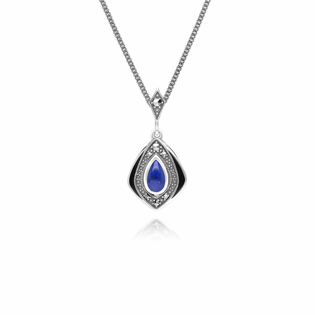 Art Deco Style Kite Lapis Lazuli and Marcasite Pendant Necklace in Sterling Silver 214P334102925 
