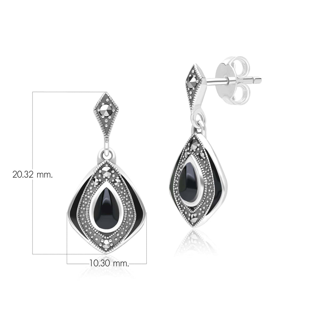 Art Deco Style Kite Onyx and Marcasite Drop Earrings in Sterling Silver 214E936201925 Dimensions