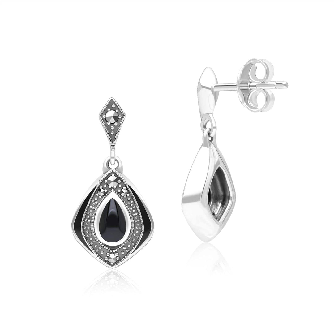 Art Deco Style Kite Onyx and Marcasite Drop Earrings in Sterling Silver 214E936201925 Side