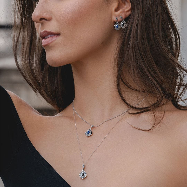 Art Deco Style Kite Onyx and Marcasite Pendant Necklace in Sterling Silver 214P334101925 On Model