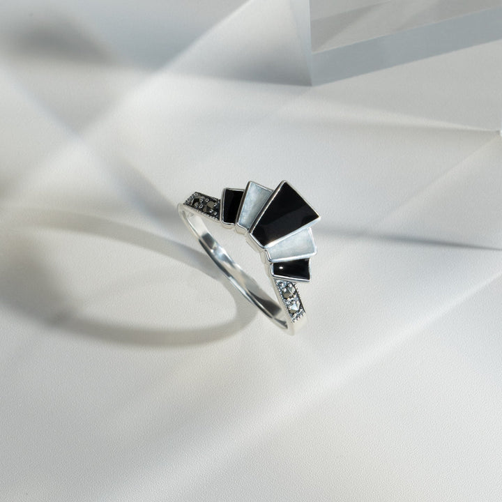 Art Deco Style Marcasite & Black and White Enamel Gradient Fan Ring in 925 Sterling Silver flatlay