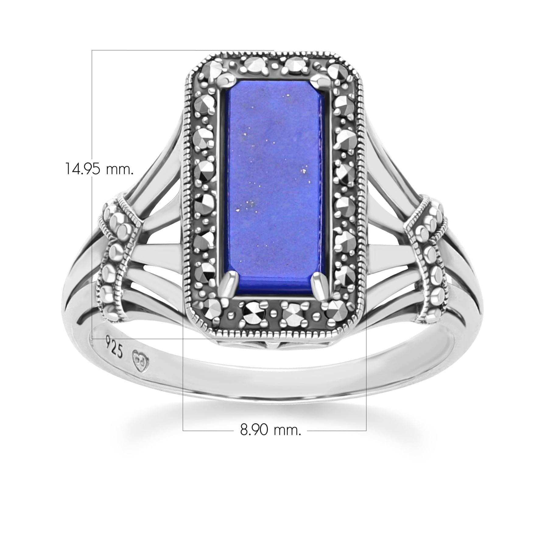 Art Deco Style Octagon Lapis Lazuli and Marcasite Ring in Sterling Silver 214R642002925 Dimensions