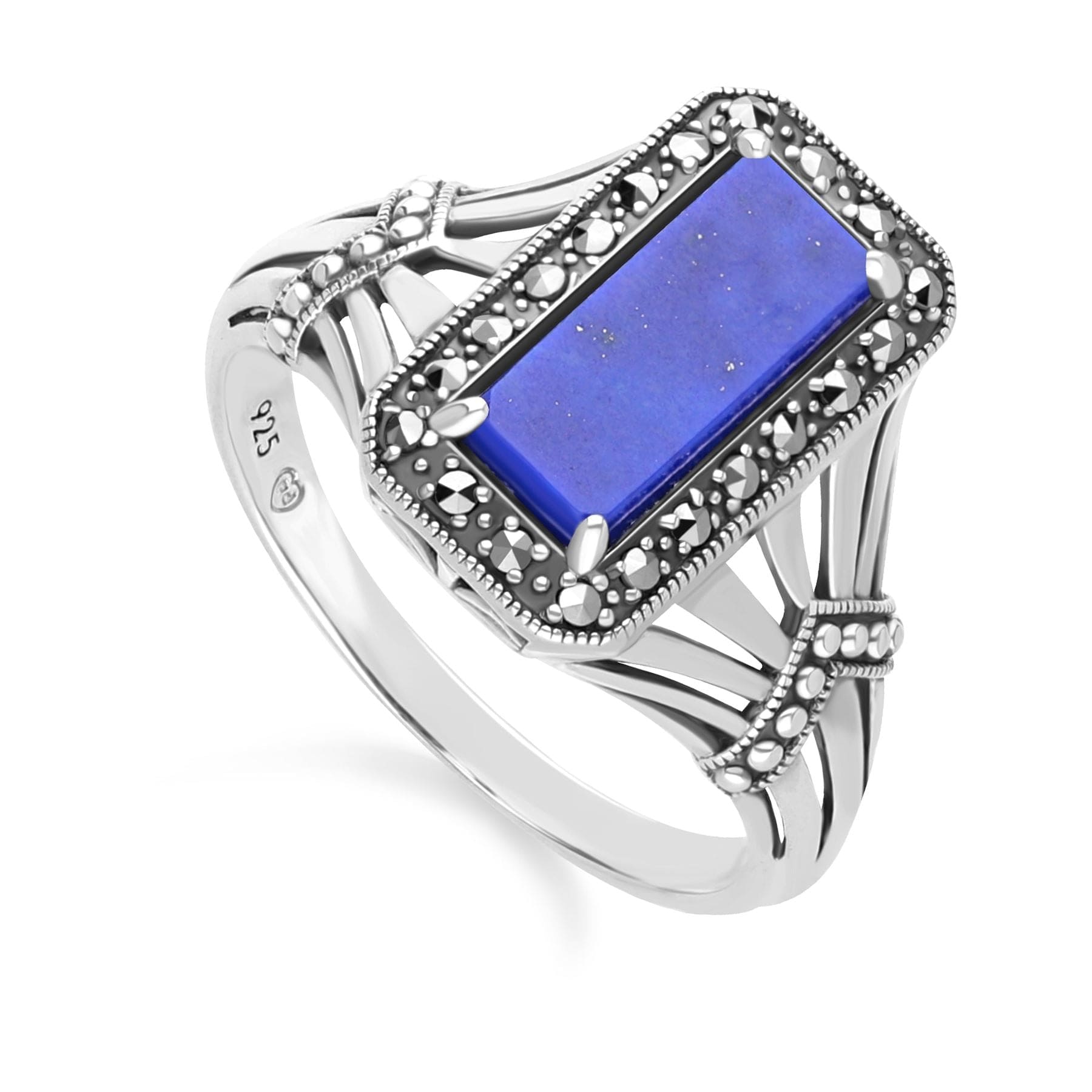 Art Deco Style Octagon Lapis Lazuli and Marcasite Ring in Sterling Silver 214R642002925 Side