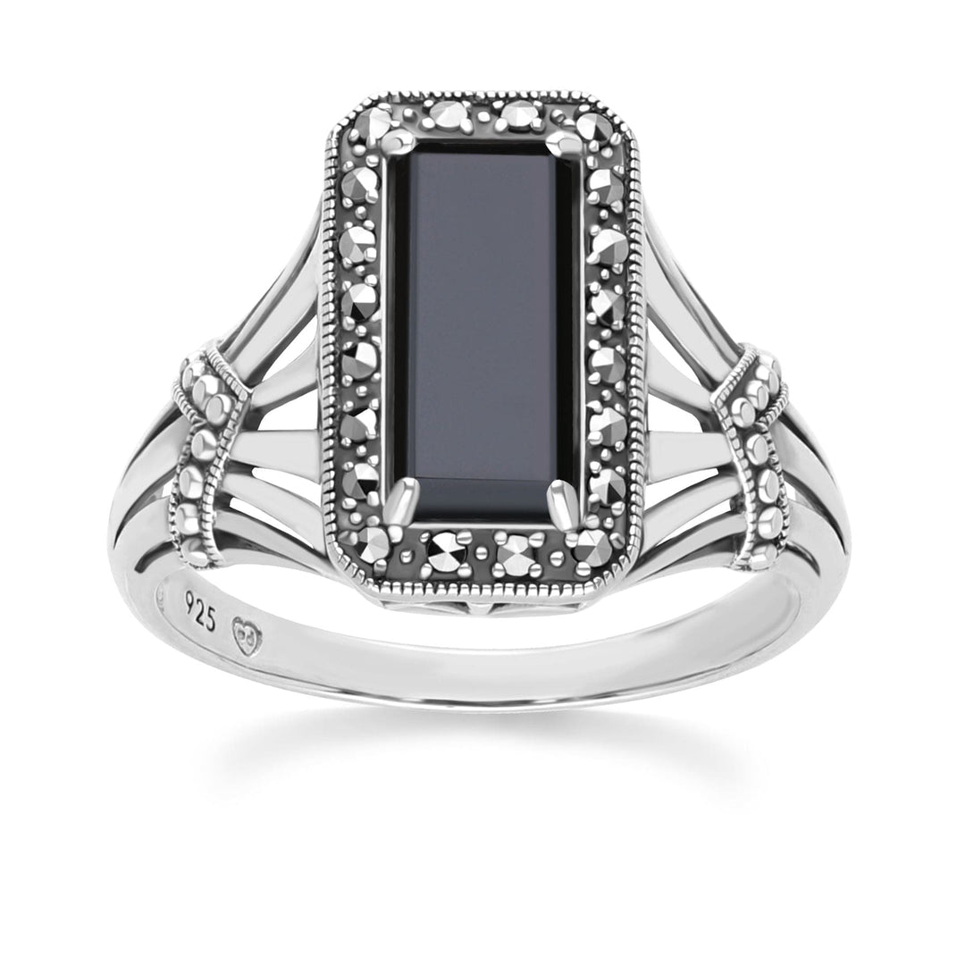 Art Deco Style Octagon Onyx and Marcasite Ring in Sterling Silver 214R642001925 