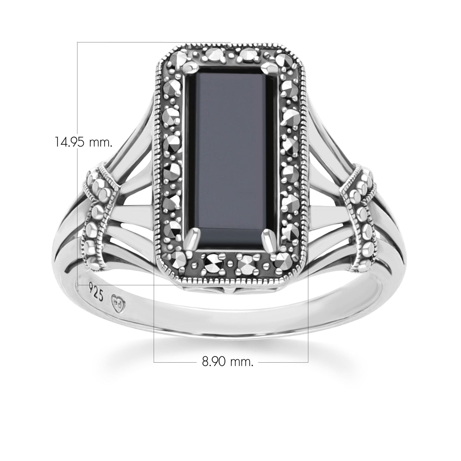 Art Deco Style Octagon Onyx and Marcasite Ring in Sterling Silver 214R642001925 Dimensions