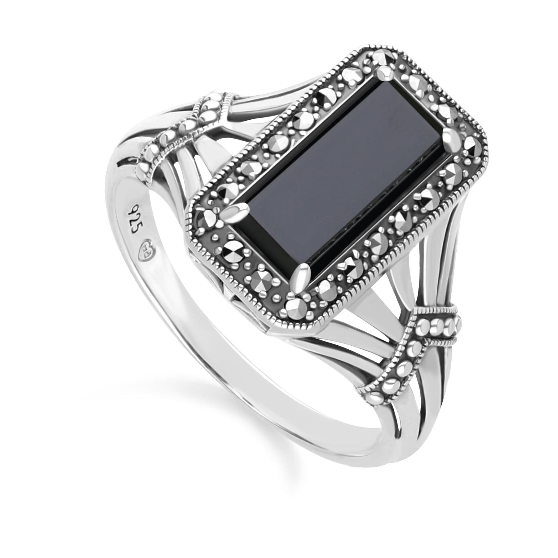 Art Deco Style Octagon Onyx and Marcasite Ring in Sterling Silver 214R642001925 Side