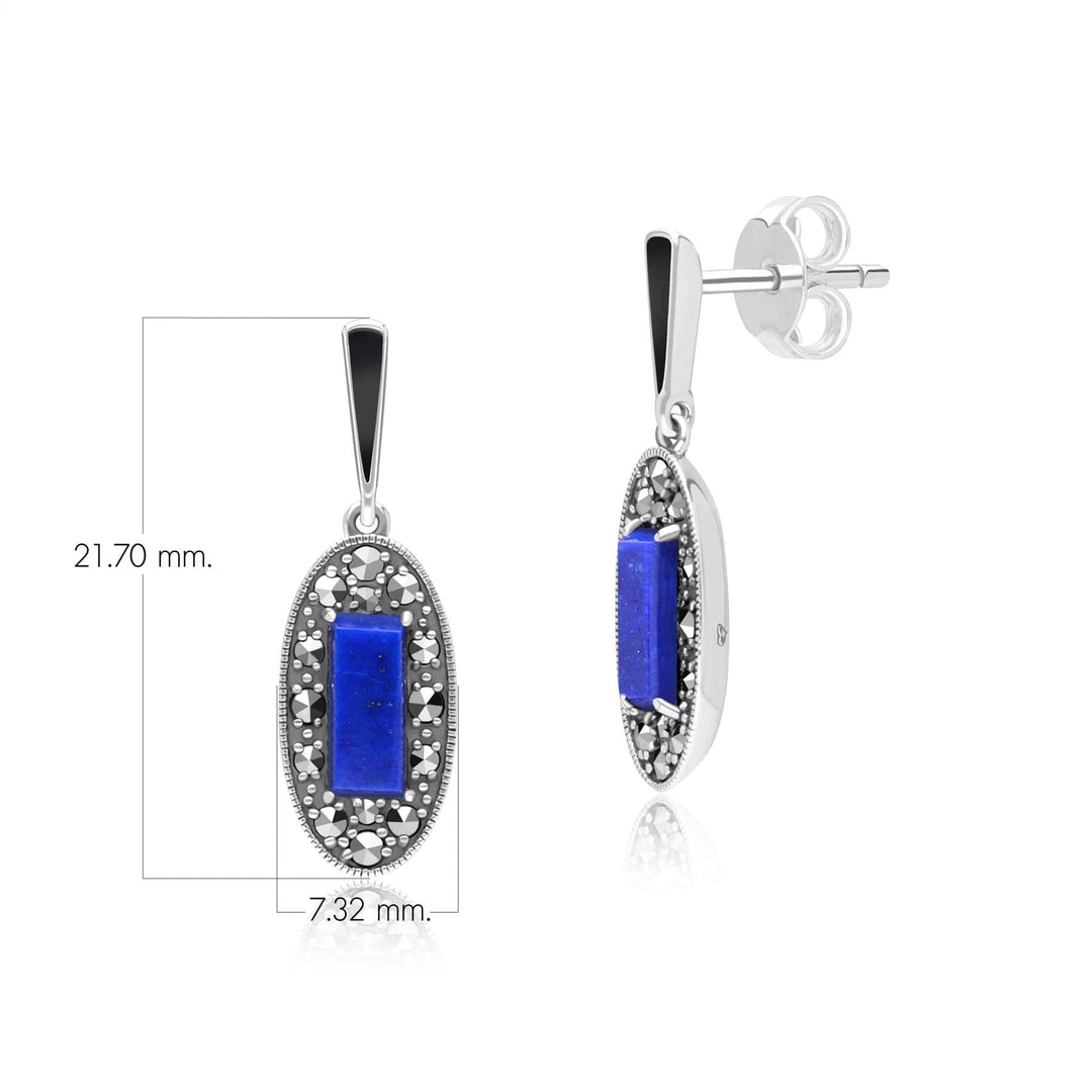 Art Deco Style Oval Lapis Lazuli, Marcasite and Black Enamel Drop Earrings in Sterling Silver 214E936401925 Dimensions
