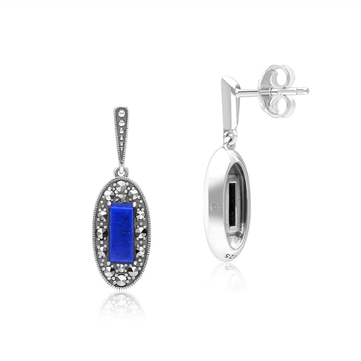 Art Deco Style Oval Lapis Lazuli and Marcasite Drop Earrings in Sterling Silver 214E936301925 Side