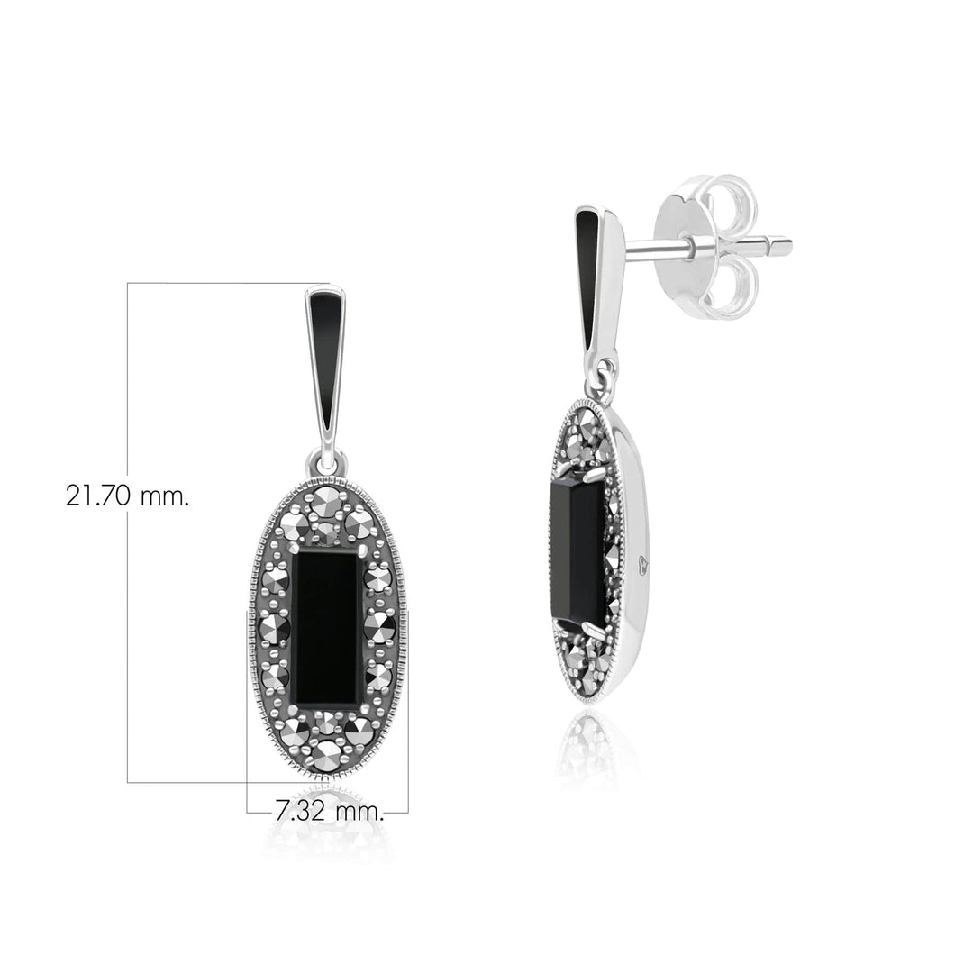 Art Deco Style Oval Onyx, Marcasite and Black Enamel Drop Earrings in Sterling Silver 214E936402925 Dimensions