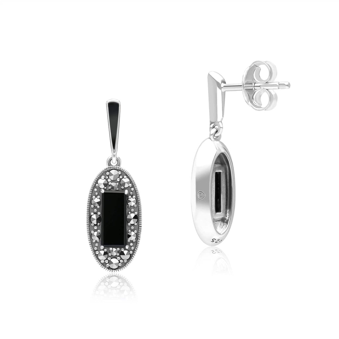 Art Deco Style Oval Onyx, Marcasite and Black Enamel Drop Earrings in Sterling Silver 214E936402925 Side
