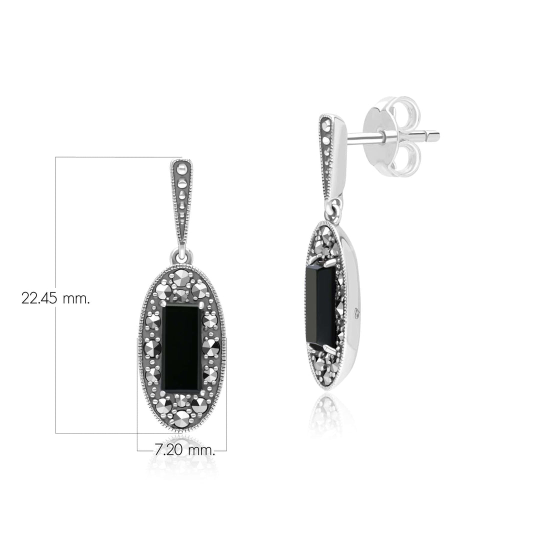 Art Deco Style Oval Onyx and Marcasite Drop Earrings in Sterling Silver 214E936302925 Dimensions