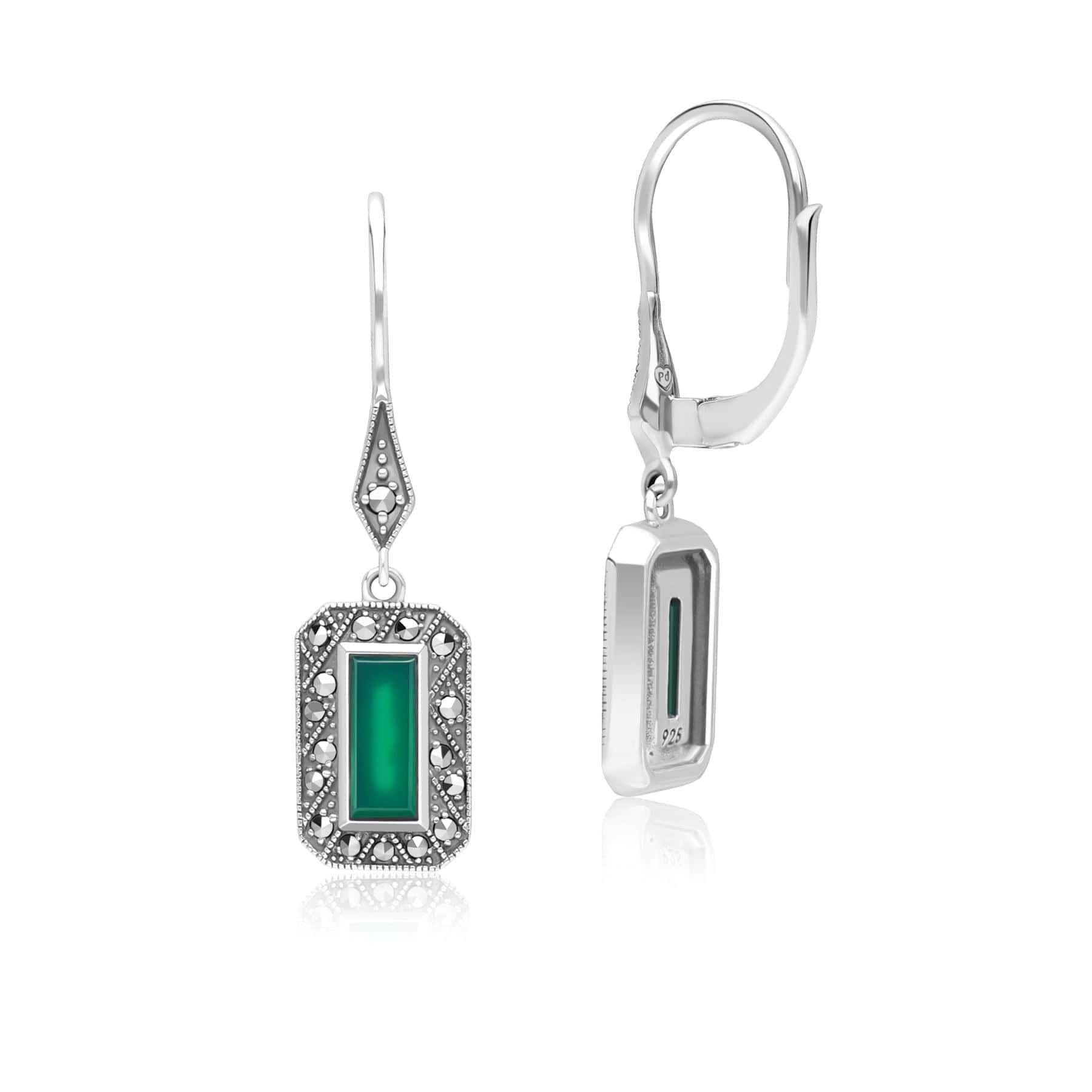 Art Deco Style Rectangle Chalcedony and Marcasite Drop Earrings in Sterling Silver 214E936101925 Side
