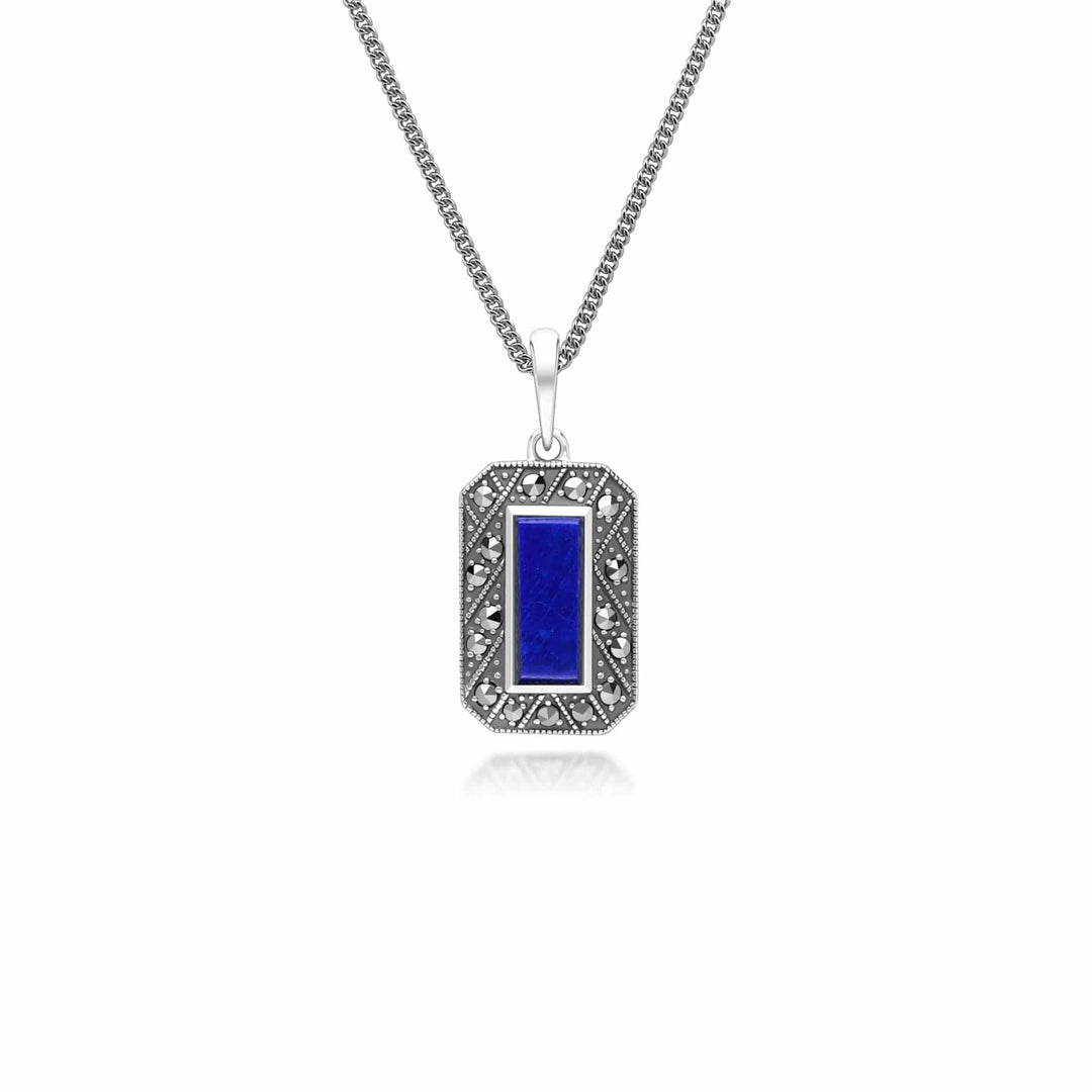 Art Deco Style Rectangle Lapis Lazuli and Marcasite Pendant Necklace in Sterling Silver 214P334003925 _ front