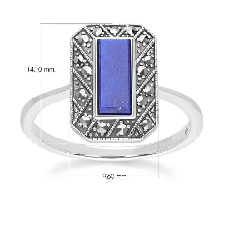 Art Deco Style Rectangle Lapis Lazuli and Marcasite Ring in Sterling Silver 214R641903925 Dimensions