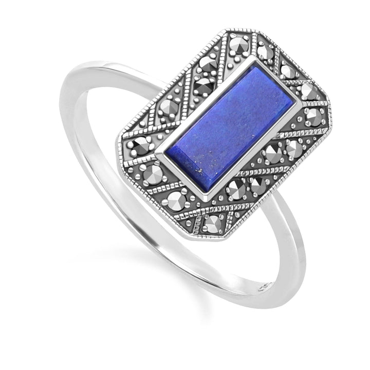 Art Deco Style Rectangle Lapis Lazuli and Marcasite Ring in Sterling Silver 214R641903925 Side