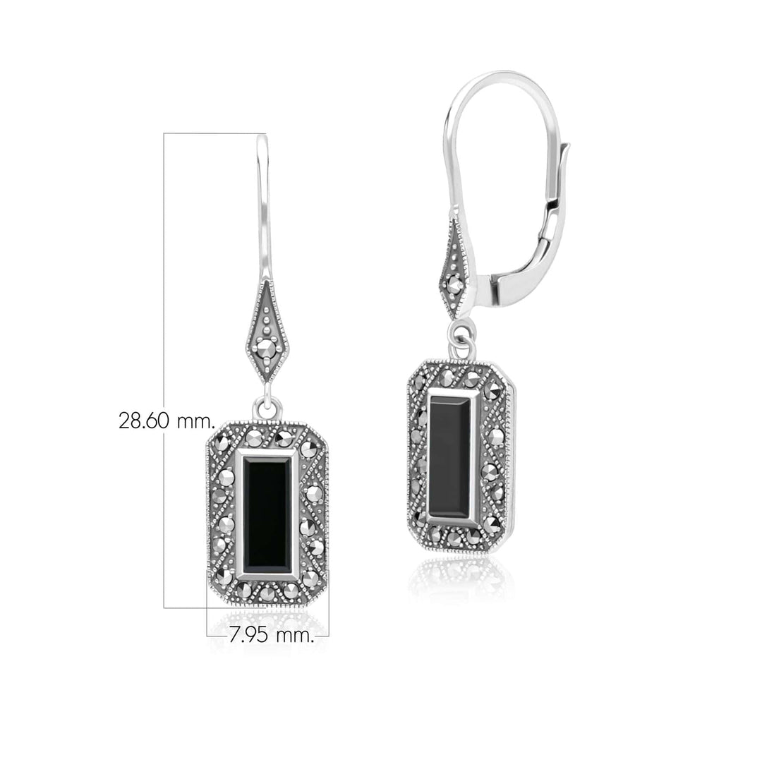 Art Deco Style Rectangle Onyx and Marcasite Drop Earrings in Sterling Silver 214E936102925 Dimensions