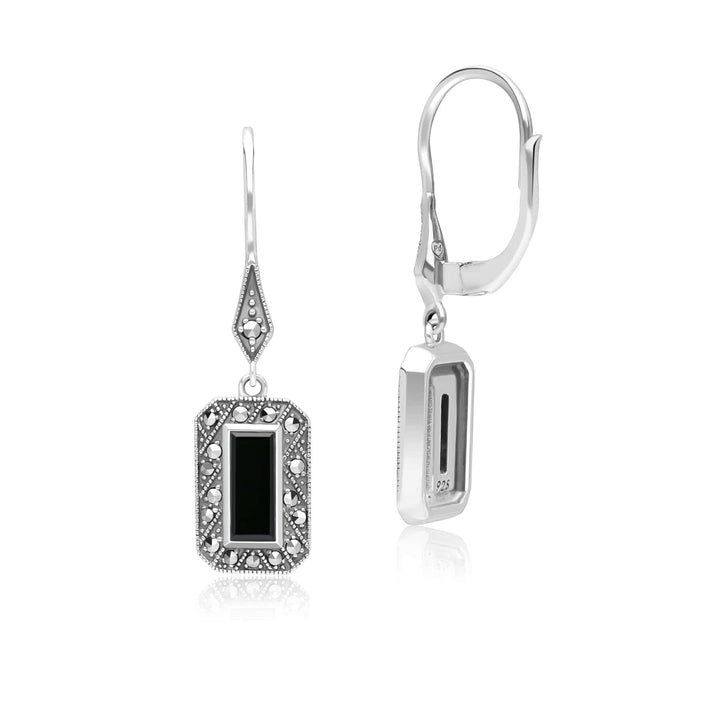 Art Deco Style Rectangle Onyx and Marcasite Drop Earrings in Sterling Silver 214E936102925 Side