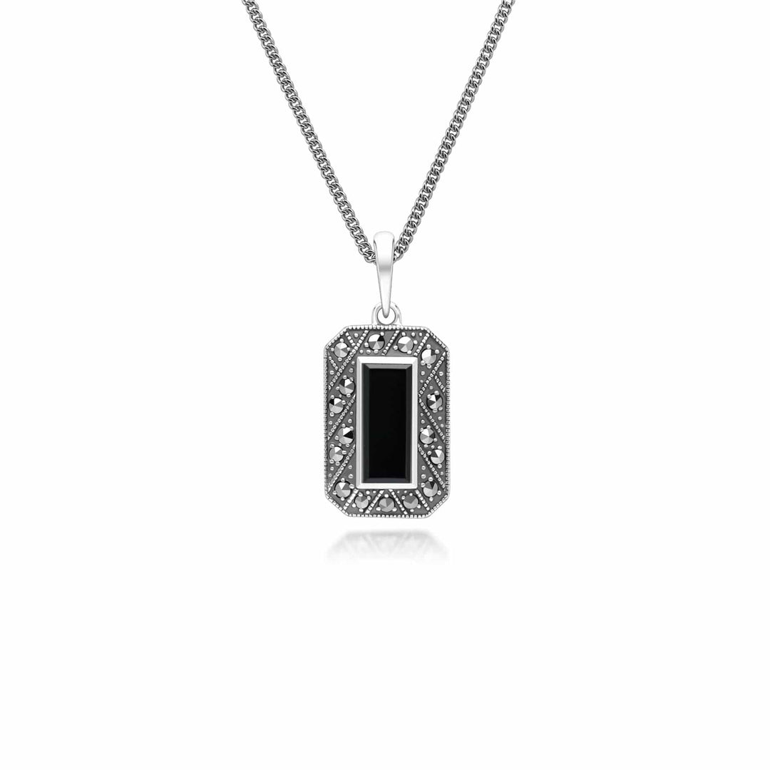 Art Deco Style Rectangle Onyx and Marcasite Pendant Necklace in Sterling Silver 214P334002925 