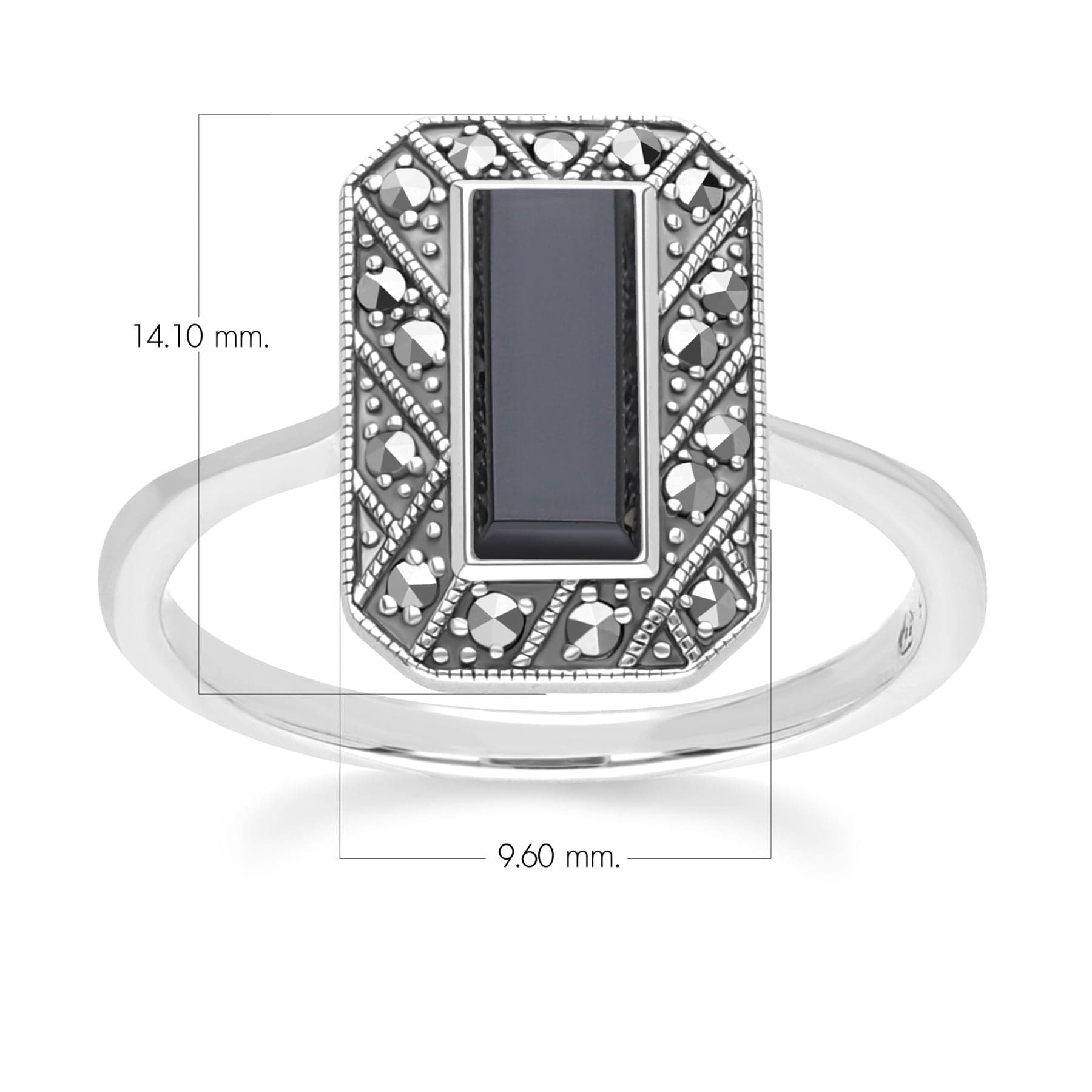 Art Deco Style Rectangle Onyx and Marcasite Ring in Sterling Silver 214R641902925 Dimensions