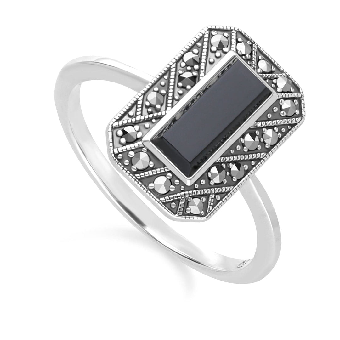 Art Deco Style Rectangle Onyx and Marcasite Ring in Sterling Silver 214R641902925 Side