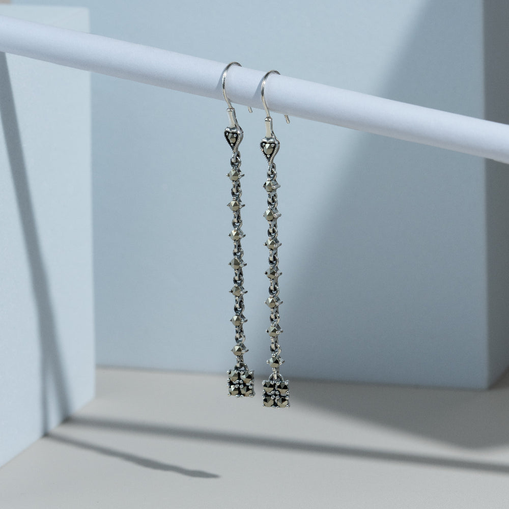 Art Deco Style Round Marcasite Long Dangle Drop Earrings in 925 Sterling Silver flatlay