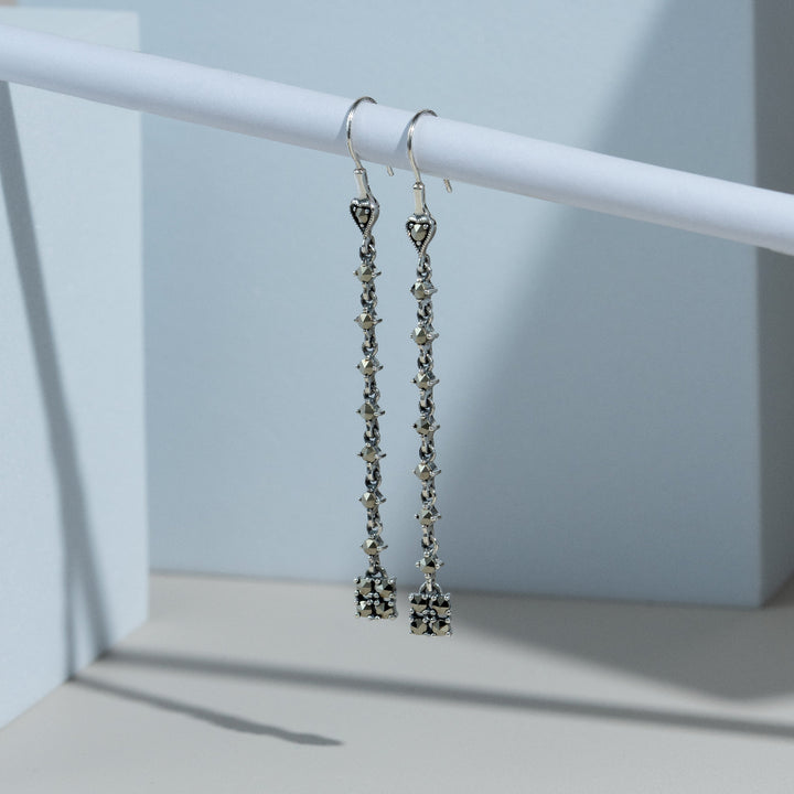 Art Deco Style Round Marcasite Long Dangle Drop Earrings in 925 Sterling Silver flatlay