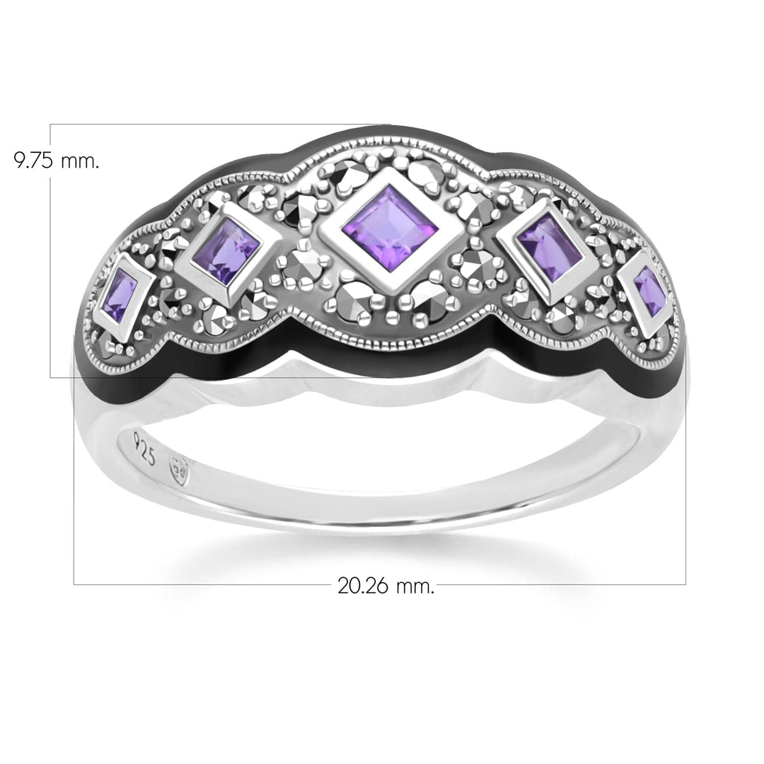 Art Deco Style Square Amethyst Five Stone and Marcasite Ring in Sterling Silver 214R642102925 Dimensions