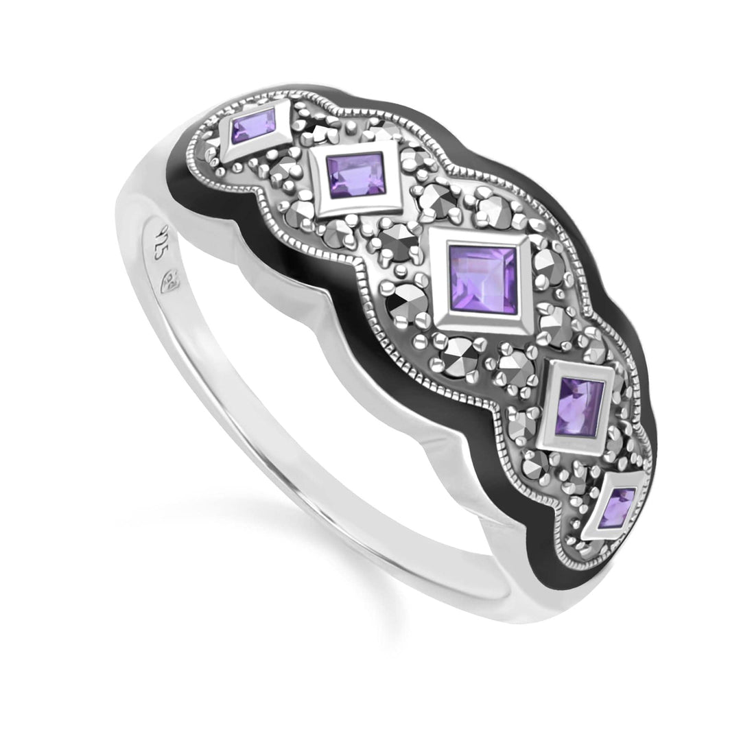 Art Deco Style Square Amethyst Five Stone and Marcasite Ring in Sterling Silver 214R642102925 Side