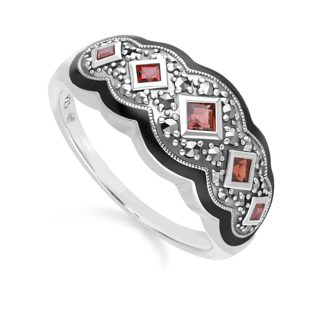 Art Deco Style Square Garnet Five Stone and Marcasite Ring in Sterling Silver 214R642101925 Side