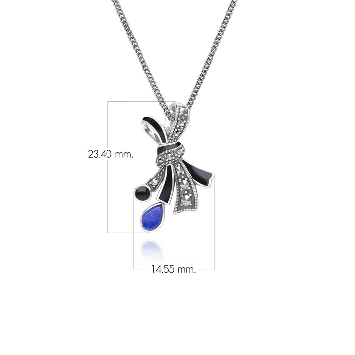 Art Nouveau Style Marcasite, Lapis Lazuli and Black Enamel Ribbon Bow Pendant Necklace in Sterling Silver 214P333702925 Dimensions